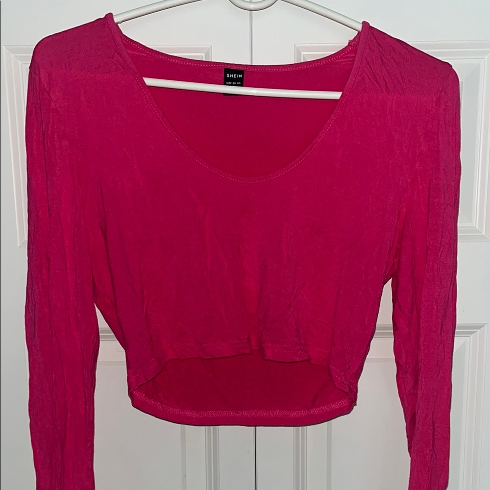 SHEIN Pink Long Sleeve Fitted Crop Blouse